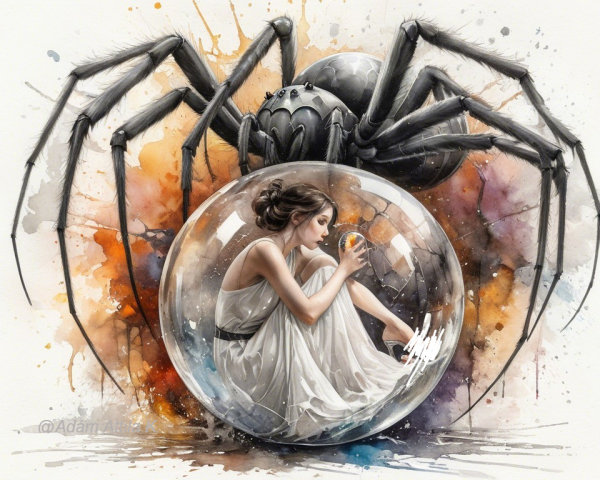 Young Woman in White Dress Inside Glass Sphere Illustration