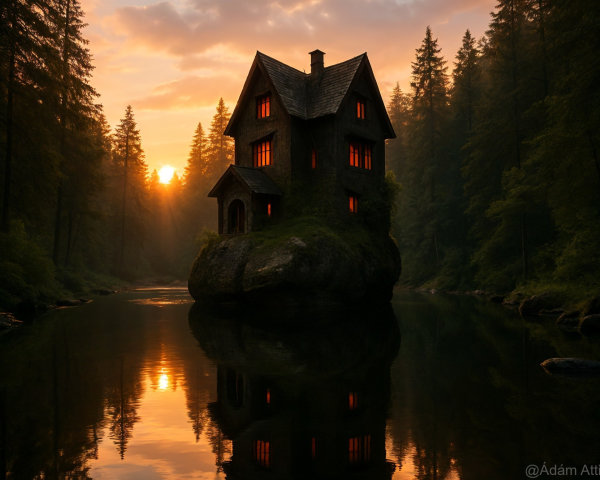 Mysterious House by Serene Lake at Twilight