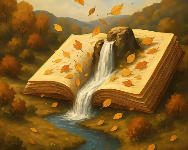 Open Book in Serene Autumn Landscape with Waterfall