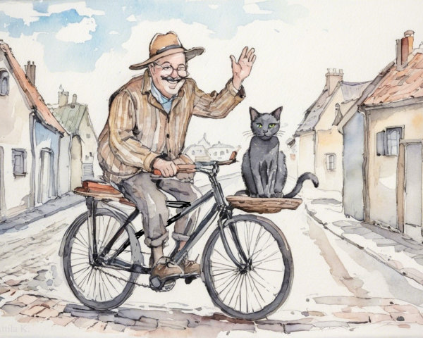 Elderly man on vintage bicycle with cat in basket