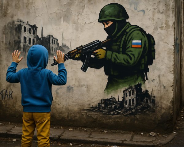Young Boy in Hoodie with Military Mural Background