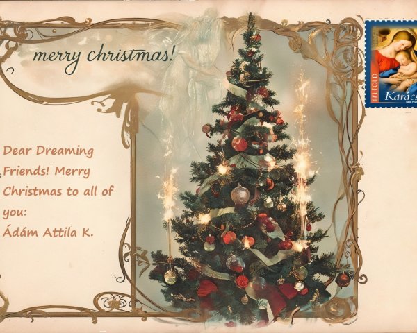 Vintage Merry Christmas Postcard with Tree and Angel