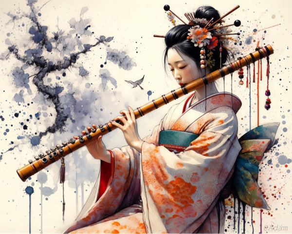 Woman in Kimono Playing Bamboo Flute Amid Blossoms