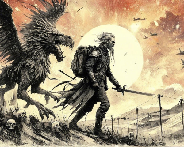 Lone Warrior and Griffon in Fiery War-Torn Landscape