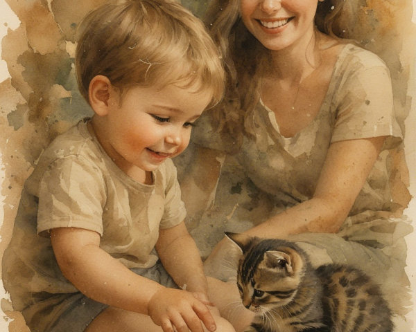 Child and Woman Play with Striped Kitten in Cozy Scene