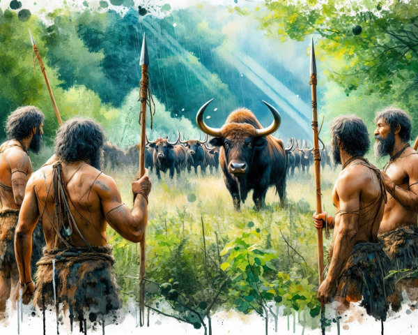 Early Humans Hunting Bison in Prehistoric Forest