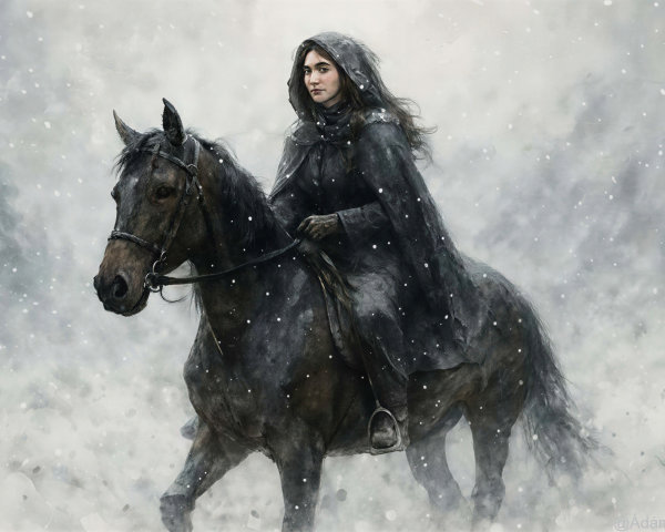 Watercolor of a woman in cloak on horse in snow