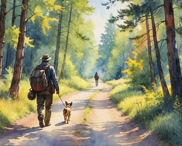 Winding Forest Path with Hiker and Dog in Sunlight