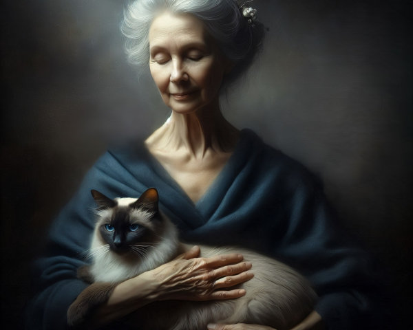 Elderly Woman in Blue Robe Holding Siamese Cat