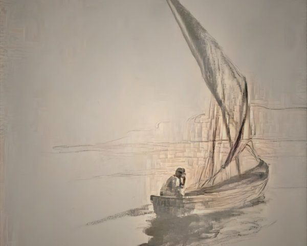Lone Figure in Boat on Serene Water Landscape