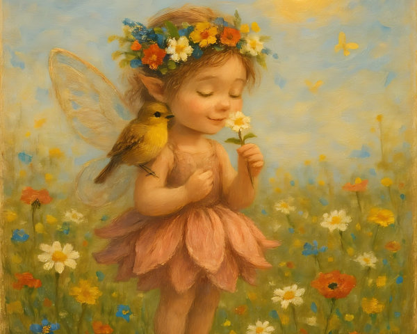 Joyful Fairy in Colorful Meadow with Wildflowers