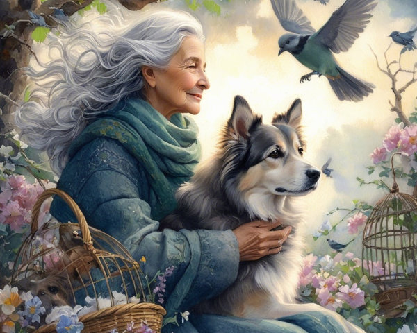 Elderly Woman and Dog in a Serene Garden Scene