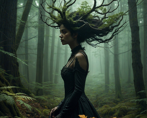 Mystical Forest Scene with Woman in Dark Gown