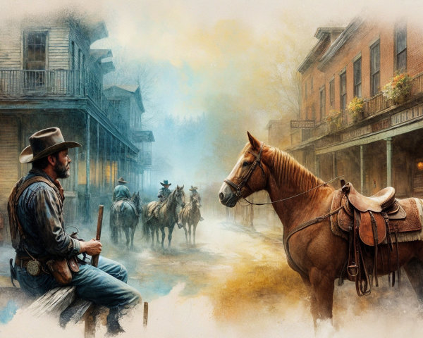 Rugged Cowboy in Hazy Old Western Town Scene