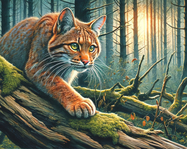 Bobcat on Moss-Covered Log in Serene Forest Setting