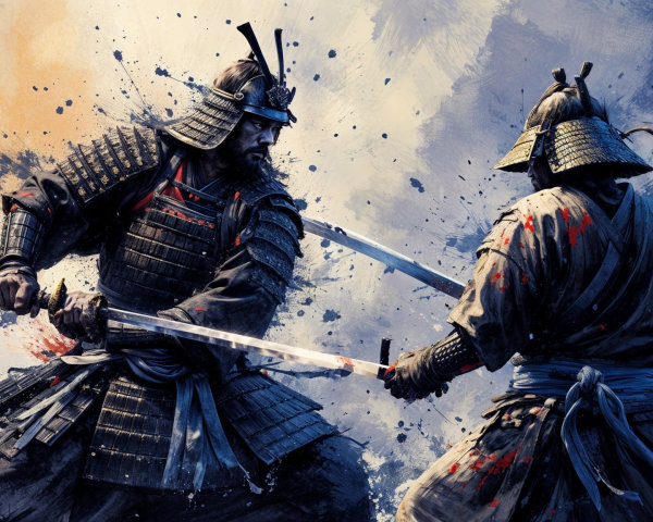 Armored Samurai Duel with Dynamic Colorful Backdrop
