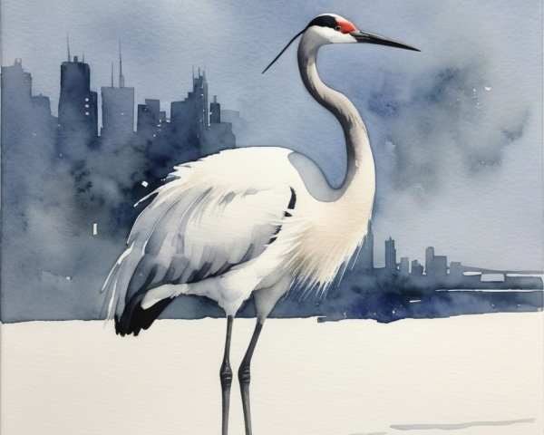 Elegant Crane on Snowy Surface with City Skyline