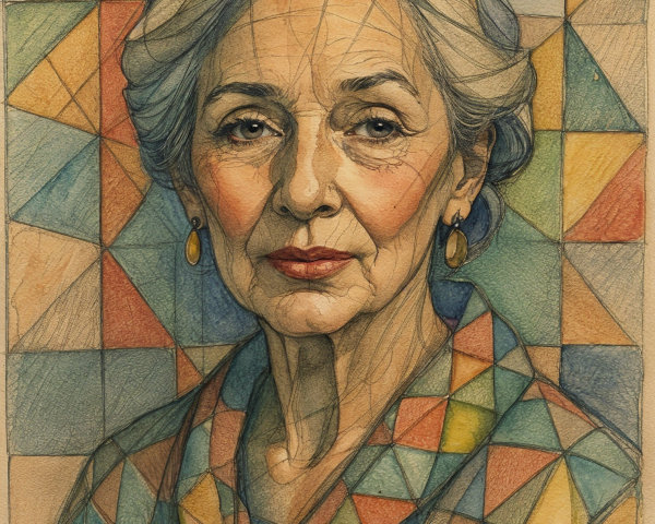 Mature Woman with Gray Hair Against Geometric Background
