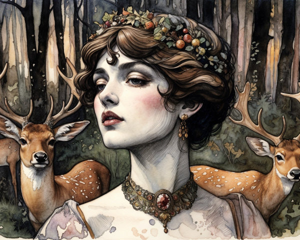 Mystical Portrait of Woman in Woodland with Deer