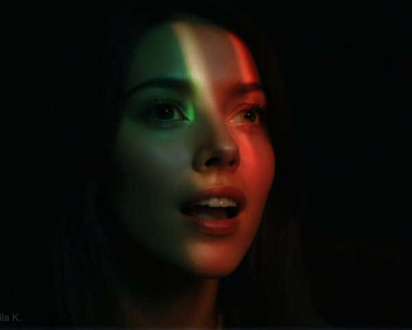 Young woman in dramatic red and green lighting