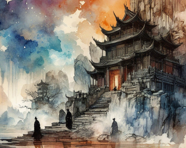 Majestic Oriental Temple in Watercolor Landscape