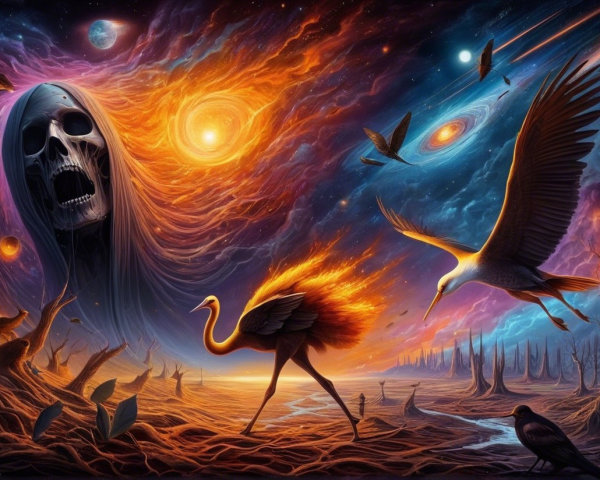 Surreal Cosmic Landscape with Skull and Fiery Ostrich
