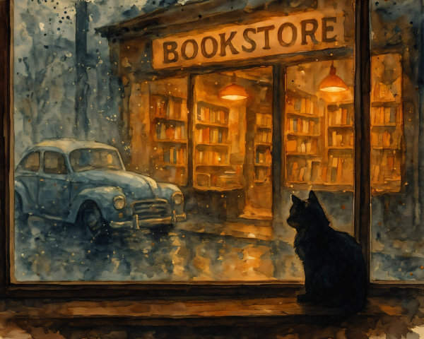 Cozy Bookstore Scene with Cat and Vintage Car in Rain