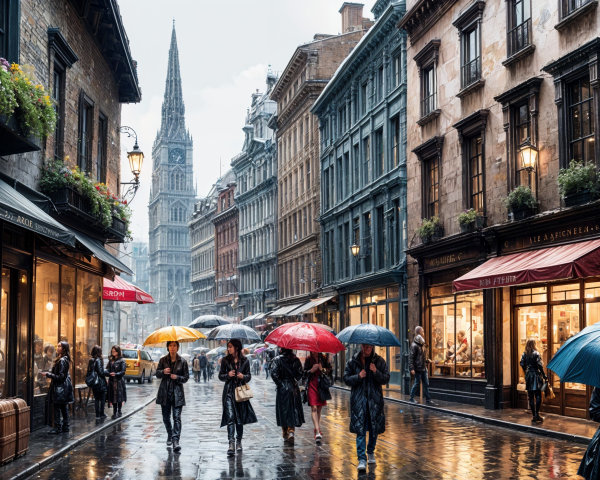 Cobblestone Street Scene with Umbrellas and Historic Architecture