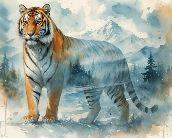Majestic tiger with watercolor mountain backdrop