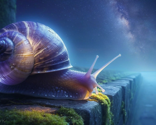 Detailed Snail on Mossy Stone Under Starry Sky