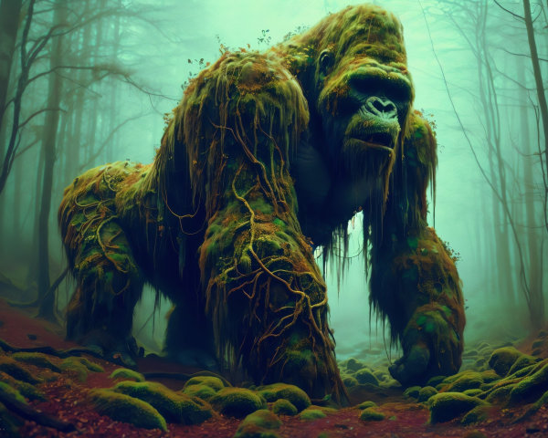 Mythical gorilla in misty forest with lush greenery