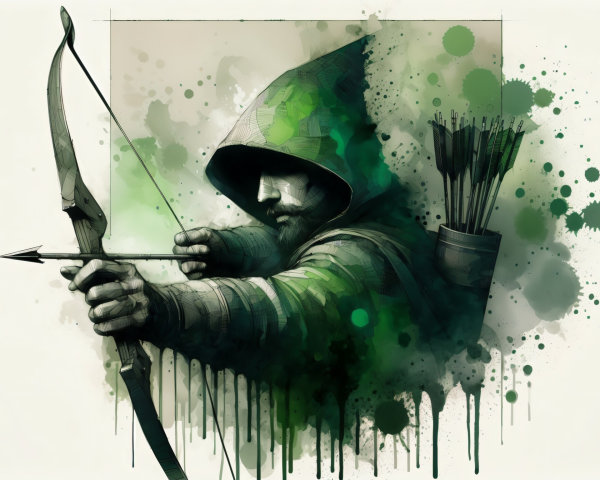 Mysterious Archer in Green Cloak with Abstract Background