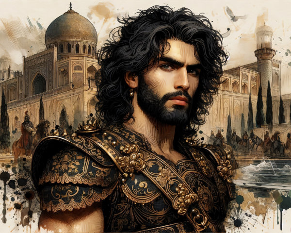 Striking Figure in Ornate Armor Against Majestic Backdrop