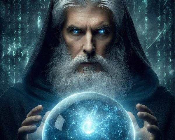 Mystical Figure with Crystal Ball and Digital Code