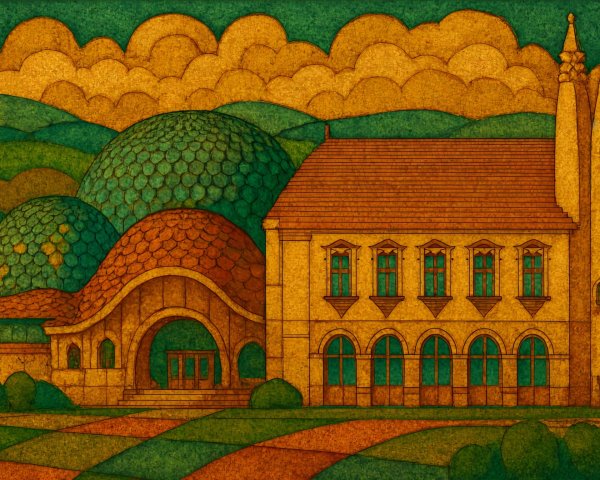 Whimsical Architectural Scene with Warm Color Palette