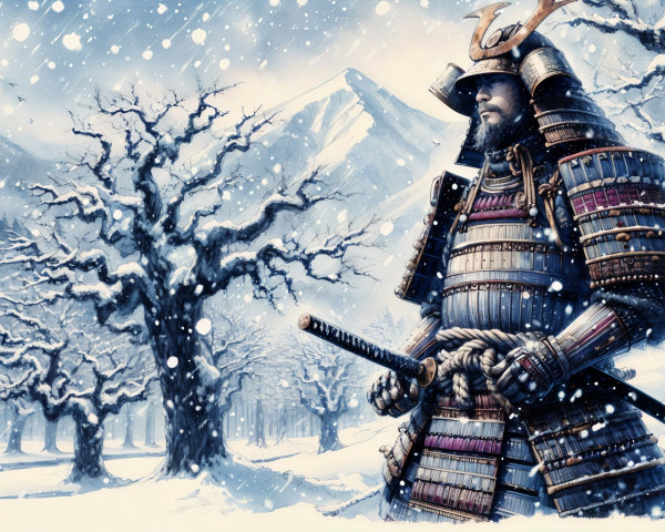 Majestic Samurai in Snowy Landscape with Katana