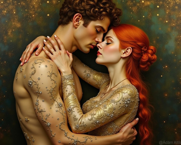 Couple Embracing with Starry Background and Gown