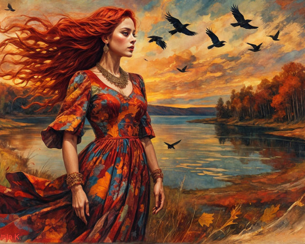 Young Woman by Lake at Sunset with Autumn Colors