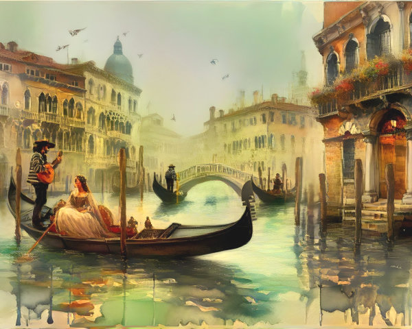 Romantic Venetian Scene with Gondola and Canals