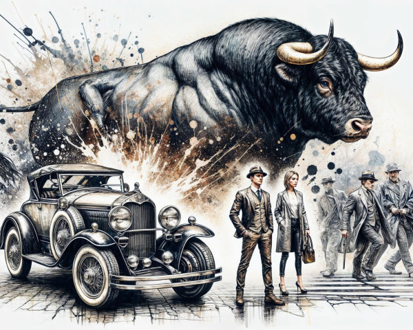 Bull Over Vintage Car with 1920s Figures and Colors