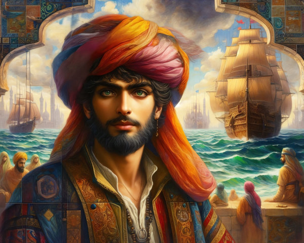 Young man in turban with ships in ocean backdrop