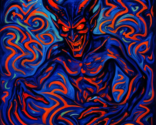 Menacing Figure with Glowing Eyes and Vibrant Patterns