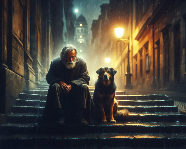 Elderly Man and Dog on Rainy Urban Steps