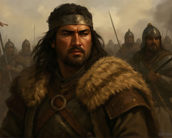 Warrior in Fur Cloak on Misty Battlefield with Soldiers