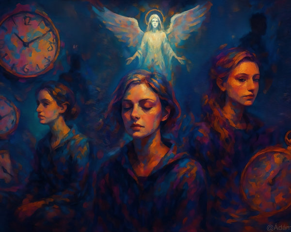 Digital Artwork of Three Women and Clocks on Blue Background