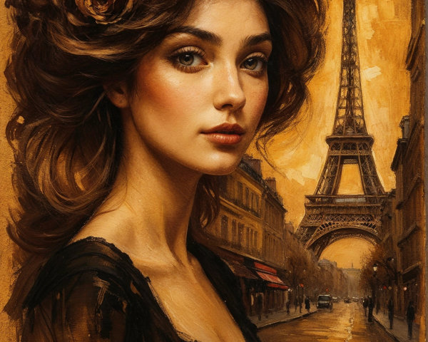 Elegant woman with voluminous hair at Eiffel Tower