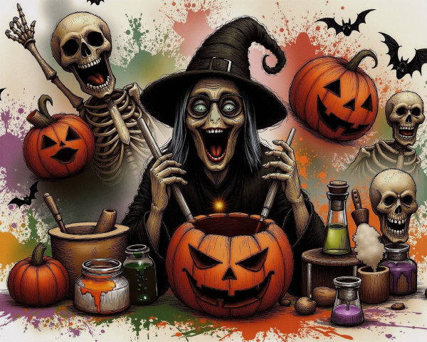 Whimsical Halloween Scene with Witch and Jack-o'-Lanterns