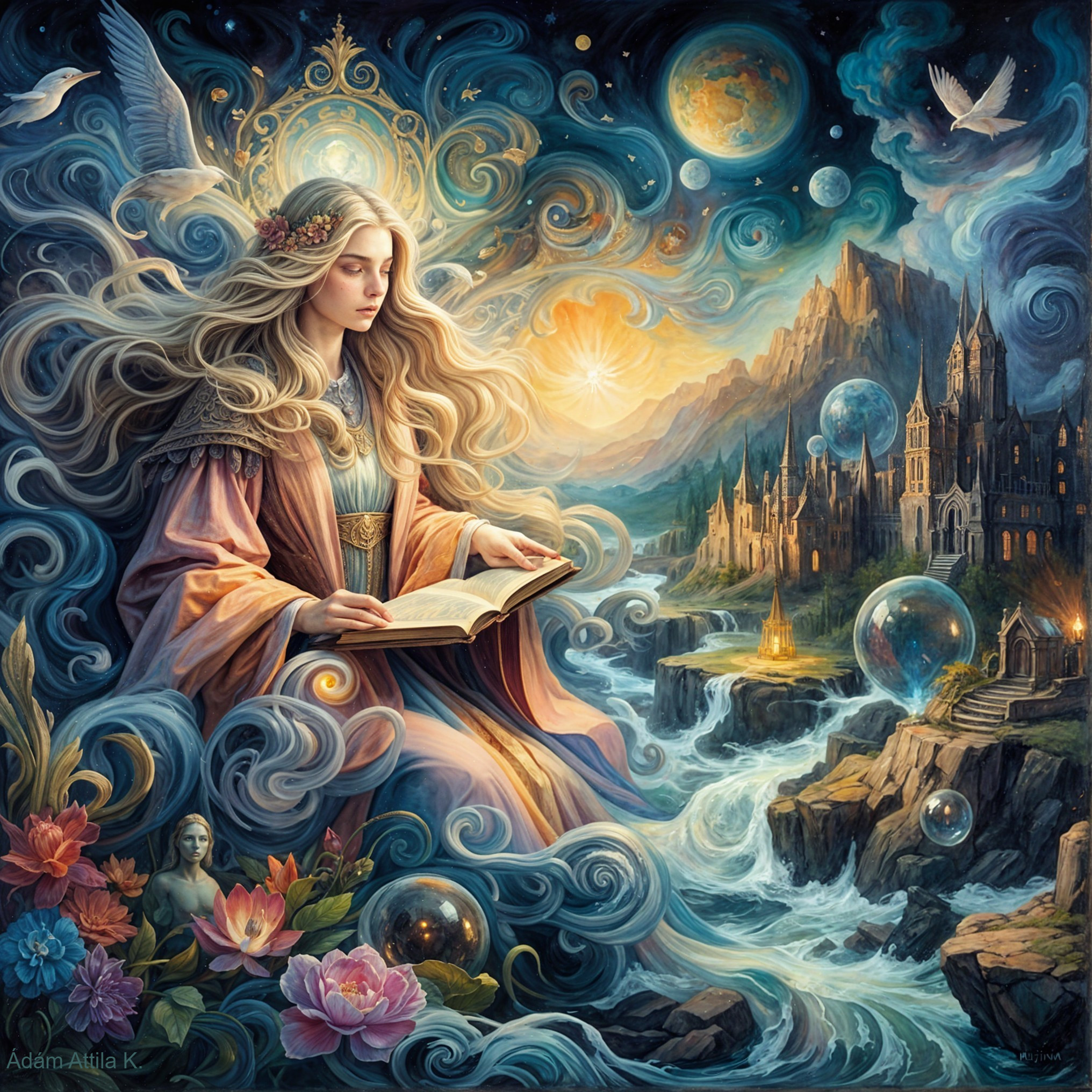 Serene Figure Reading in a Magical Landscape