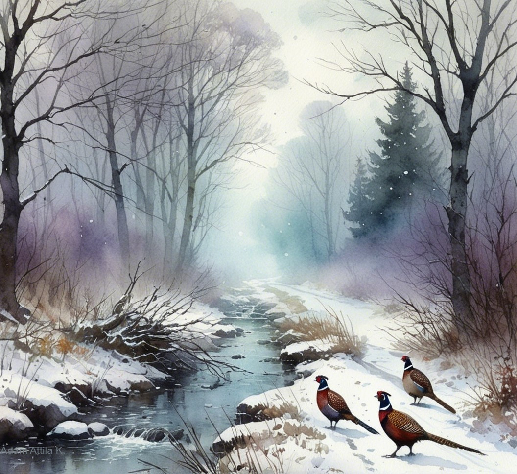 Winter Landscape with Stream and Colorful Pheasants