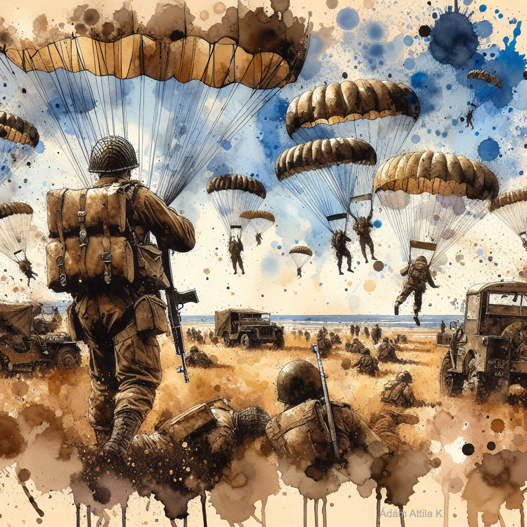 Soldiers Parachuting with Watercolor Background